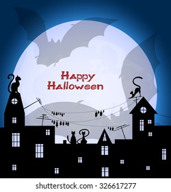 halloween design - big shadow of two  bats flying over night town  on big  moon and blue sky background, vector illustration