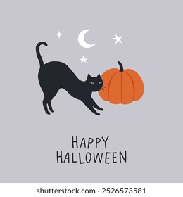 Halloween design, black cat pumpkin moon stars. Halloween symbol and handwritten lettering trick or treat. Perfect for greeting card, banner, poster template, party invitation. Vector illustration