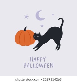 Halloween design, black cat pumpkin moon stars. Halloween symbol and handwritten lettering trick or treat. Perfect for greeting card, banner, poster template, party invitation. Vector illustration