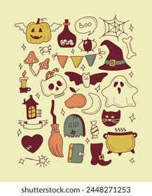 Halloween design Bright elements. Stickerpack. Pumpkin, Skull, Ghost, Gravestone, Spider, Candy, Broom, Hat, Eye, Potion, Bone, and more. Halloween labels, icons and objects. Happy holiday. All