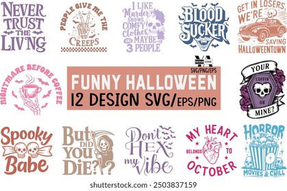 Paquete de diseño de halloween, Halloween retro, feliz Vector de halloween, calabaza, bruja, espeluznante, fantasma, divertida camiseta de halloween citas Paquete, archivo de corte Cricut, silueta