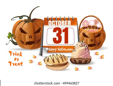 Halloween design with Halloween calendar, jack-o'-lantern, candy corn and basket with sweets. 31 October. Trick or Treat. Vector illustration