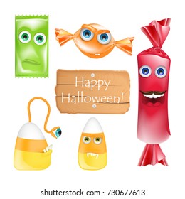 Halloween design with candies monsters. Set of halloween emoji sweets realistic vector. Cartoon character isolated on white background. Alive candy. Trick or treat. Cartoon realistic style.