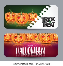 Halloween design.  Card or banner with orange pumpkin faces with glowing eyes. Vector illustration.