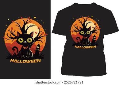 Halloween design with cat, boo, scary bat, tree, yellow moon, spider, pumpkin and hat in the boo head, horror, grave, frence with dog with round moon shape