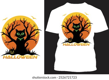 Halloween design with cat, boo, scary bat, tree, yellow moon, spider, pumpkin and hat in the boo head, horror, grave, frence with dog with round moon shape