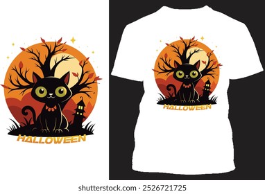 Halloween design with cat, boo, scary bat, tree, yellow moon, spider, pumpkin and hat in the boo head, horror, grave, frence with dog with round moon shape