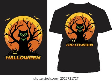 Halloween design with cat, boo, scary bat, tree, yellow moon, spider, pumpkin and hat in the boo head, horror, grave, frence with dog with round moon shape