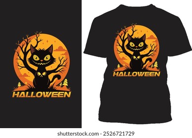 Halloween design with cat, boo, scary bat, tree, yellow moon, spider, pumpkin and hat in the boo head, horror, grave, frence with dog with round moon shape