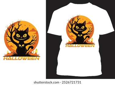 Halloween design with cat, boo, scary bat, tree, yellow moon, spider, pumpkin and hat in the boo head, horror, grave, frence with dog with round moon shape