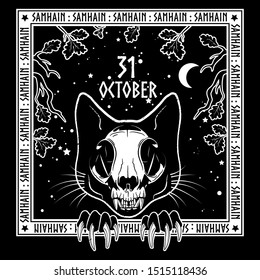 Halloween design. Cat skull against the starry sky and branches and leaves of autumn oak. Samhain design, isolated on black, vector illustration