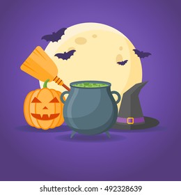 Halloween design with cauldron with potion, witches hat, broom, pumpkin, full moon and bats on dark purple background. Vector illustration.
