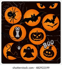 Halloween Design Collection - A set  Halloween Day Traditional Symbols: Spider, Bat, Owl, Eyes, Pumpkin, Black Cat, Ghost, Moon