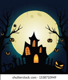 Halloween design composition with Jack O' Lantern pumpkins and creepy trees on a blue background. Top view vector illustration.