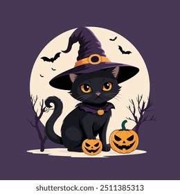 Halloween design concept featuring Black cat in witch costume with Moon, bats, and pumpkin or jack o lantern