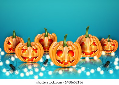 Halloween design. Creepy pumpkin with faces, spiders, and glowing lights garland on blue glass background with reflection. Vector illustration.