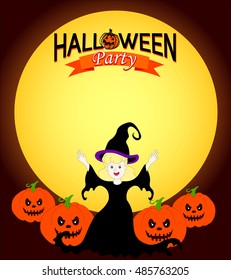 Halloween design with cute witch, pumpkin and moon. Halloween banner with text area. Vector illustration.