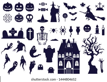 Halloween design and decorative elements collection. Ghost, witch hat, pumpkin, mansion, spider web, bat, grave, sweets, lantern, skull and other halloween silhouettes.