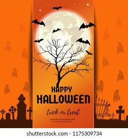 Halloween design. The dried tree in the cemetery with ghosts against the background of the full moon. Vector illustration