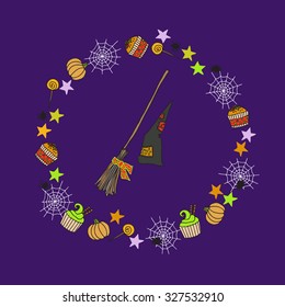 Halloween design element. Broom and Witch Bell. Vector for design