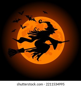 Halloween design element. Silhouette of old witch flying on broomstick with flock of bats. Mystical full moon and night sky on background. Vector illustration