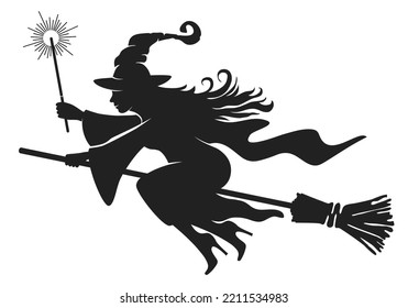 Halloween design element. Silhouette of young pretty witch flying on broomstick and hold magic wand. Isolated on white background. Vector illustration