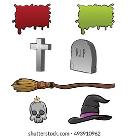 Halloween design elements. Banner, cross, grave, broom, skull and whitch hat. Vector EPS10
