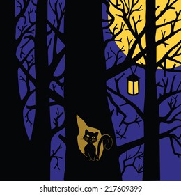  Halloween design elements. Black cat, trees, moon, lamp. Night landscape.