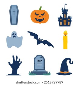 Halloween design elements. Halloween clip arts with traditional symbols, perfect for party invitation, greeting card, flyer, banner, poster. Vector illustration