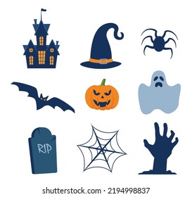 Halloween design elements. Halloween cliparts with traditional symbols, perfect for party invitation, greeting card, flyer, banner, poster. Vector illustration