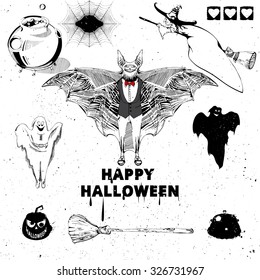 Halloween design elements. Collection of halloween witch, bat, pumpkin, spider, ghost, broom, cauldron, spiderweb. Vintage hand drawn Halloween poster design 