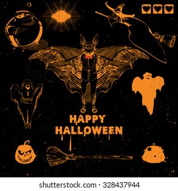 Halloween design elements. Collection of halloween witch, bat, pumpkin, spider, ghost, broom, cauldron, spiderweb. Vintage hand drawn Halloween poster design 