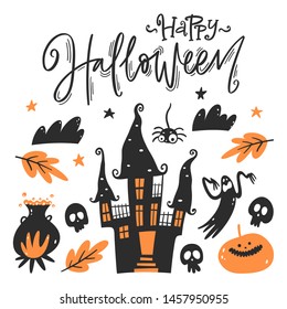 Halloween design elements. Handwritten lettering and hand drawn doodles for party invitations, greeting cards or holiday poster. Vector illustration