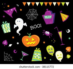 Halloween design elements and icons I. Retro halloween design elements isolated on black background. Vector Illustration.