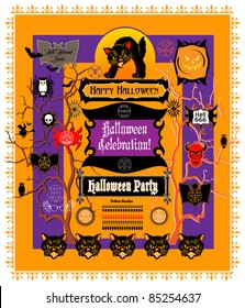 Halloween design elements including silhouettes, cartouches, pattern brushes, icons, sigils, and some cats in the style of vintage cardboard decorations.