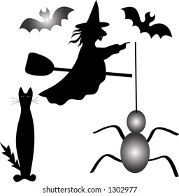 Halloween design elements including,witch,spider,black cat and bats.