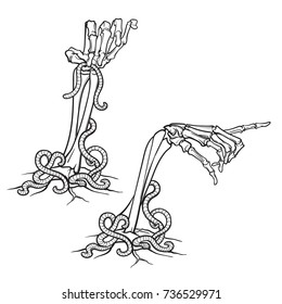 Halloween design elements. Pair of skeleton hands pointing with a finger and holding a banner. linear drawing isolated on white background. EPS10 vector illustration