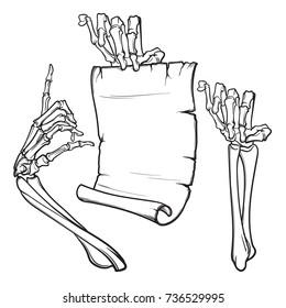 Halloween design elements. Pair of skeleton hands pointing with a finger and holding a banner. linear drawing isolated on white background. EPS10 vector illustration