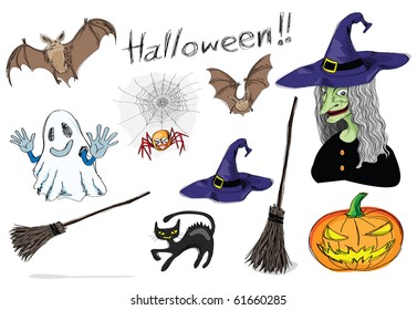 halloween design elements, pencil sketch style.