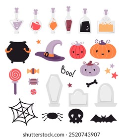 Conjunto de elementos de design de Halloween. Bonitos desenhos animados abóboras, poções, túmulos, doces. Bruxaria. Silhuetas pretas de aranha e teia, morcego. Isolado no branco.