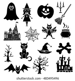 Halloween design elements set. Ghost, witch, pumpkin, broom, castle, bat, trees, bones, cauldron, cat, spiderweb, candlestick isolated on white background
