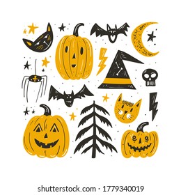 Halloween Design Elements Set. Hand Drawn Cartoon Doodles. Vector illustration. Colored typography poster. Template social madia post. Cute design for greeting card, sticker, party invitation.