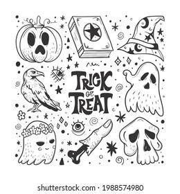 Halloween Design Elements Set. Hand Drawn Cartoon Doodles. Vector illustration. Template social madia post