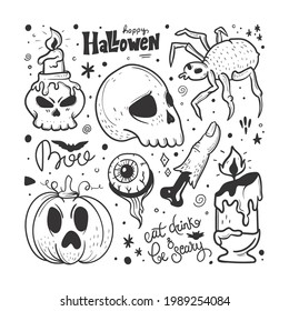 Halloween Design Elements Set. Hand Drawn Cartoon Doodles. Vector illustration. Template social madia post
