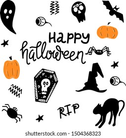 Halloween Design Elements Set. Handwritten Ink Lettering and Hand Drawn Cartoon Doodles.  Vector illustration
