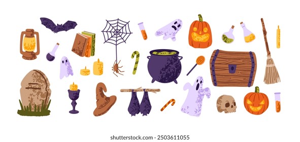 Halloween design elements set. Helloween party decoration: spooky bats, scary ghosts, creepy pumpkins, pointed hat, witch cauldron. Flat isolated hand drawn vector illustrations on white background