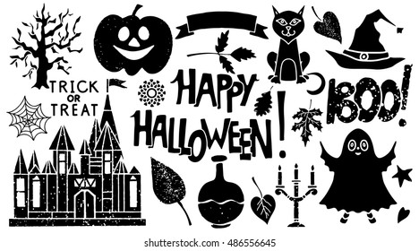 Halloween design elements set. Pumpkin, ghost, castle, tree, flask, cat, spiderweb, wizard hat, candlestick, leaves, heart, star, ribbon isolated on white background. Vector design 