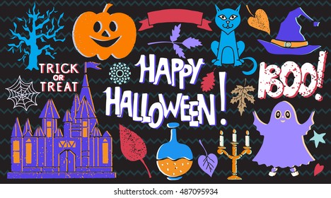 Halloween design elements set. Pumpkin, ghost, castle, tree, flask, cat, spiderweb, wizard hat, candlestick, leaves, heart, star, ribbon isolated on black background