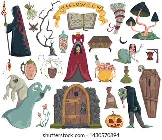 Halloween design elements set. Scary characters, ghosts, coffin, witcher, book of spells, potions, mushrooms and plants. Isolated objects on white background. Vector illustration in watercolor style