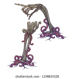 Halloween design elements. Set of skeleton hands pointing with a finger and holding a banner. linear drawing isolated on white background. EPS10 vector illustration